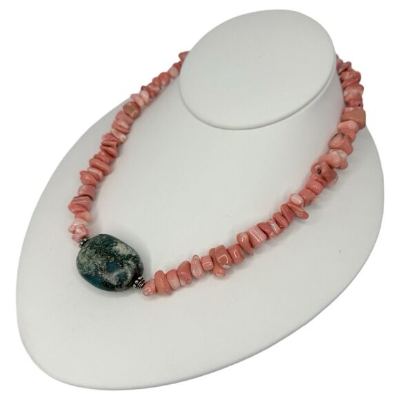 Pink Coral Chunky Turquoise Pendant Necklace 19" 925 Sterling Silver Boho - Picture 2 of 16